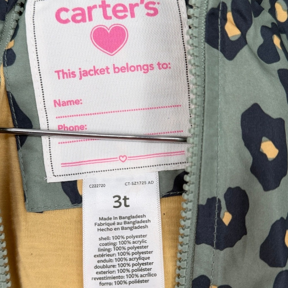 Carters Toddler Girls 3T Sage Green Leopard Print Hooded Rain Jacket Zip Up Coat - Picture 2 of 3
